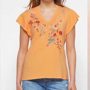 Johnny Was Lissa Flutter Sleeve Tee T-Shirt Floral Embroidered Cotton Bohemian
